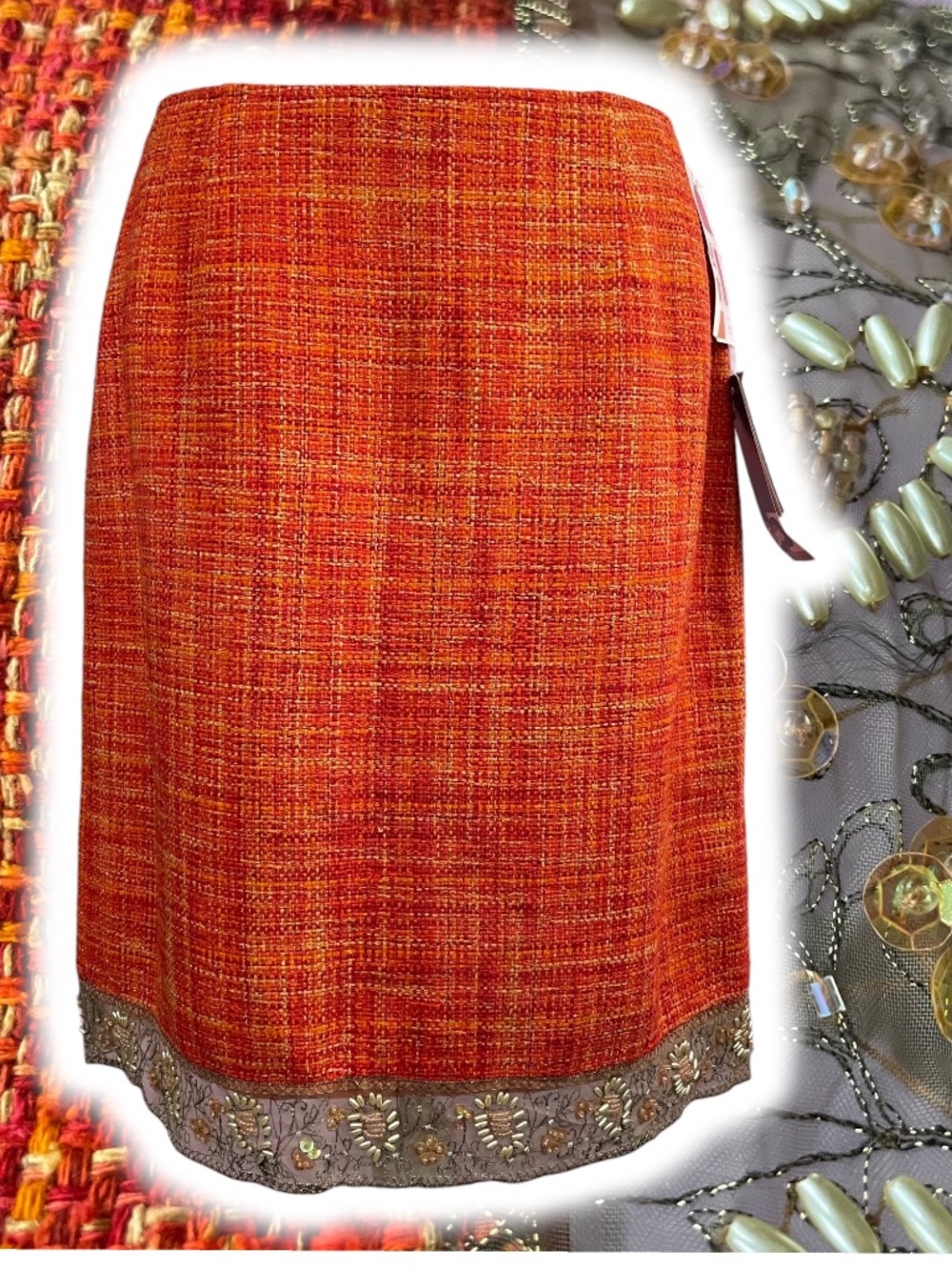100% Silk Tweed Beaded Skirt 10 Lace Trim Floral Rust Orange Taupe Sheer Accent